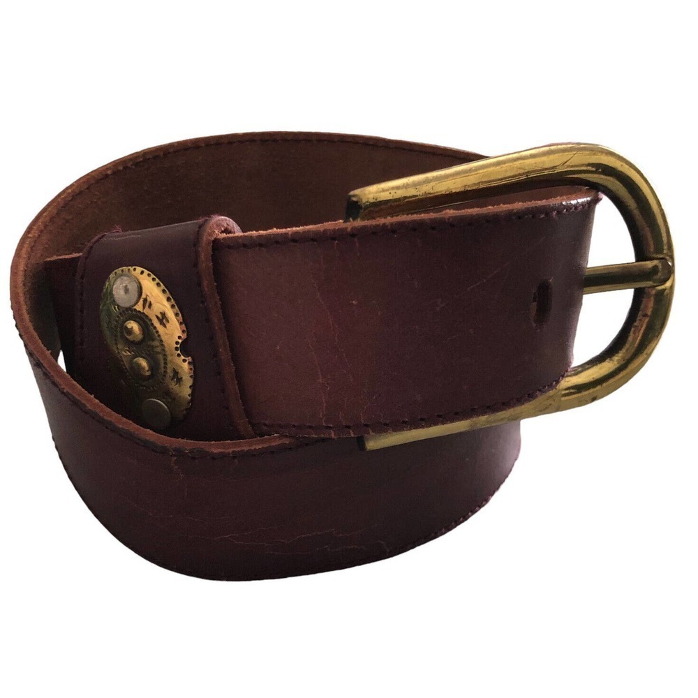Avion International Brown Leather Tooled Belt Wide Brass Buckle Spain SM 27-31”